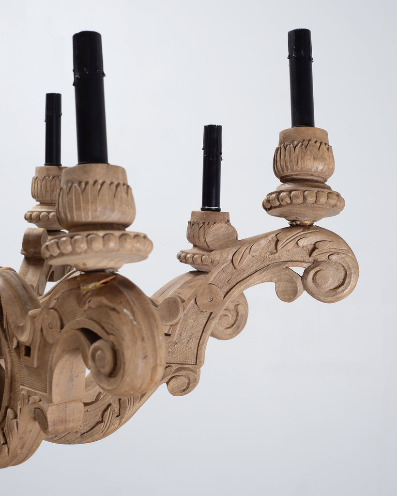 Pair of RH French Baroque Style Carved Wood 8-Arm Chandeliers