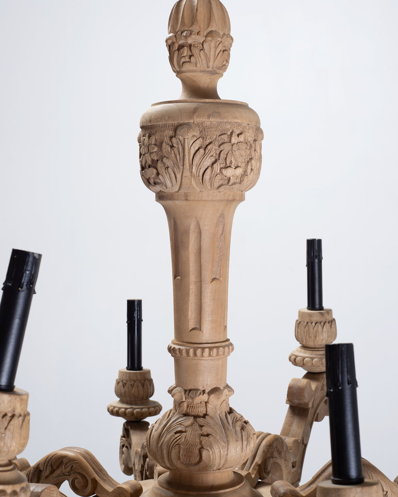 Pair of RH French Baroque Style Carved Wood 8-Arm Chandeliers