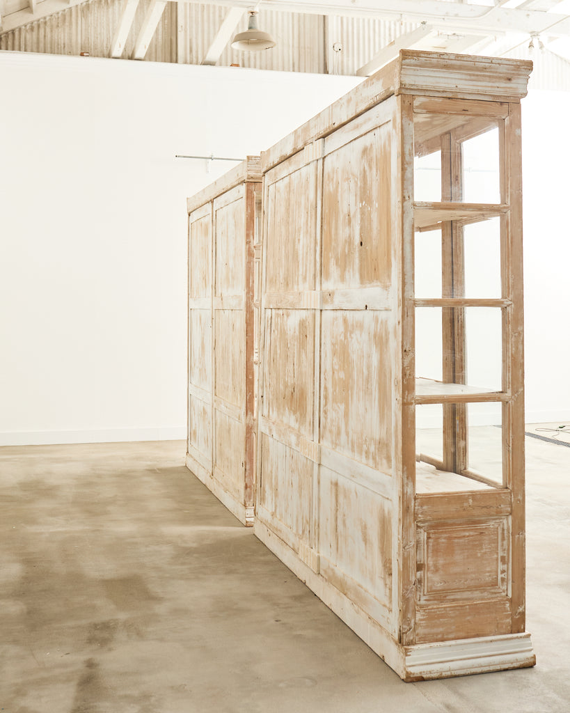 Pair of Country French Pine Library Bookcases Beveled Glass Doors