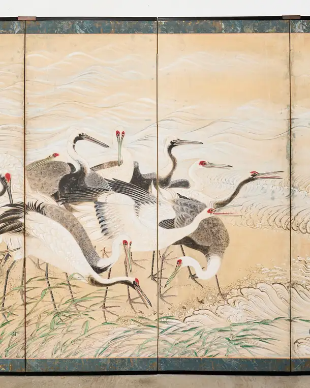 Pair of Japanese Meiji Six Panel Screen Cranes Above Cresting Waves