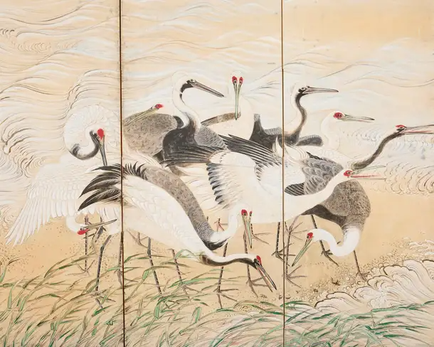 Pair of Japanese Meiji Six Panel Screen Cranes Above Cresting Waves