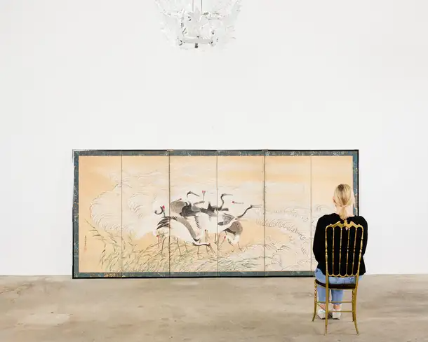 Pair of Japanese Meiji Six Panel Screen Cranes Above Cresting Waves