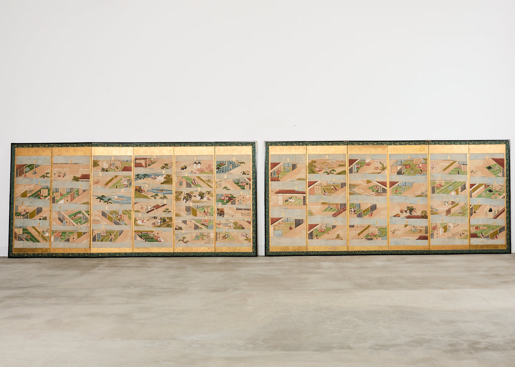 Pair Japanese Edo Six Panel Screens Tale of Genji