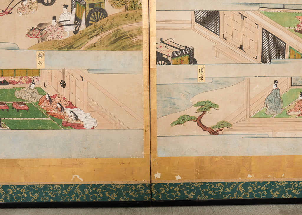Pair Japanese Edo Six Panel Screens Tale of Genji