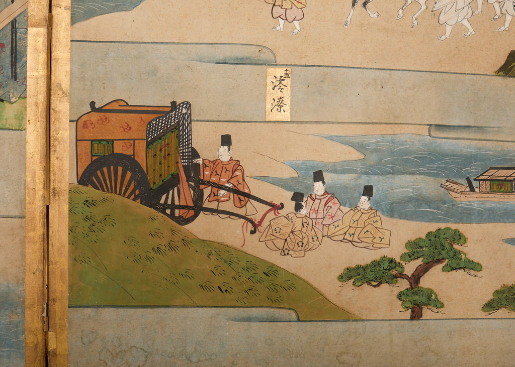 Pair Japanese Edo Six Panel Screens Tale of Genji