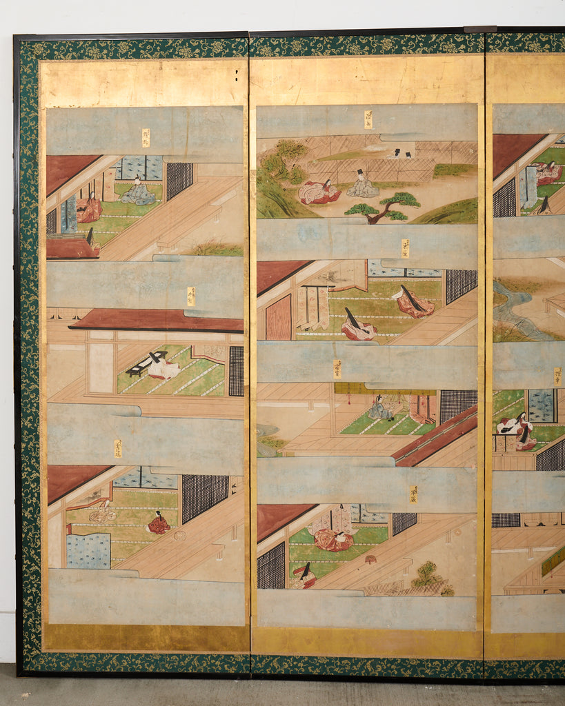 Pair Japanese Edo Six Panel Screens Tale of Genji
