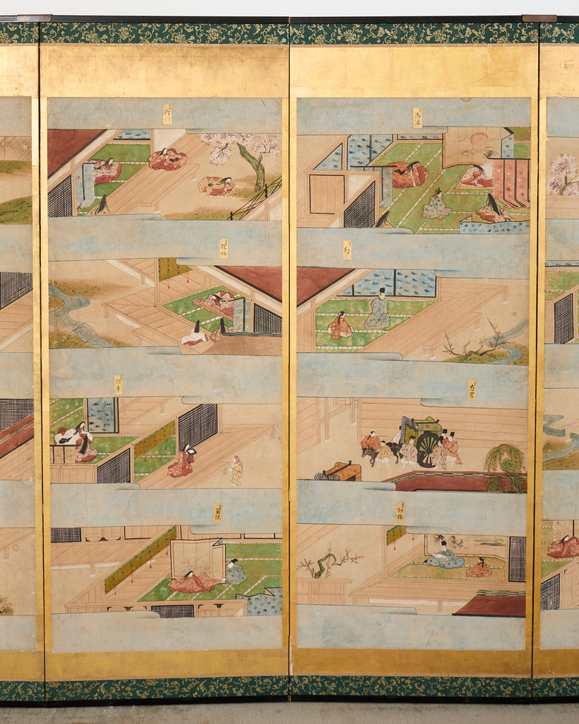 Pair Japanese Edo Six Panel Screens Tale of Genji