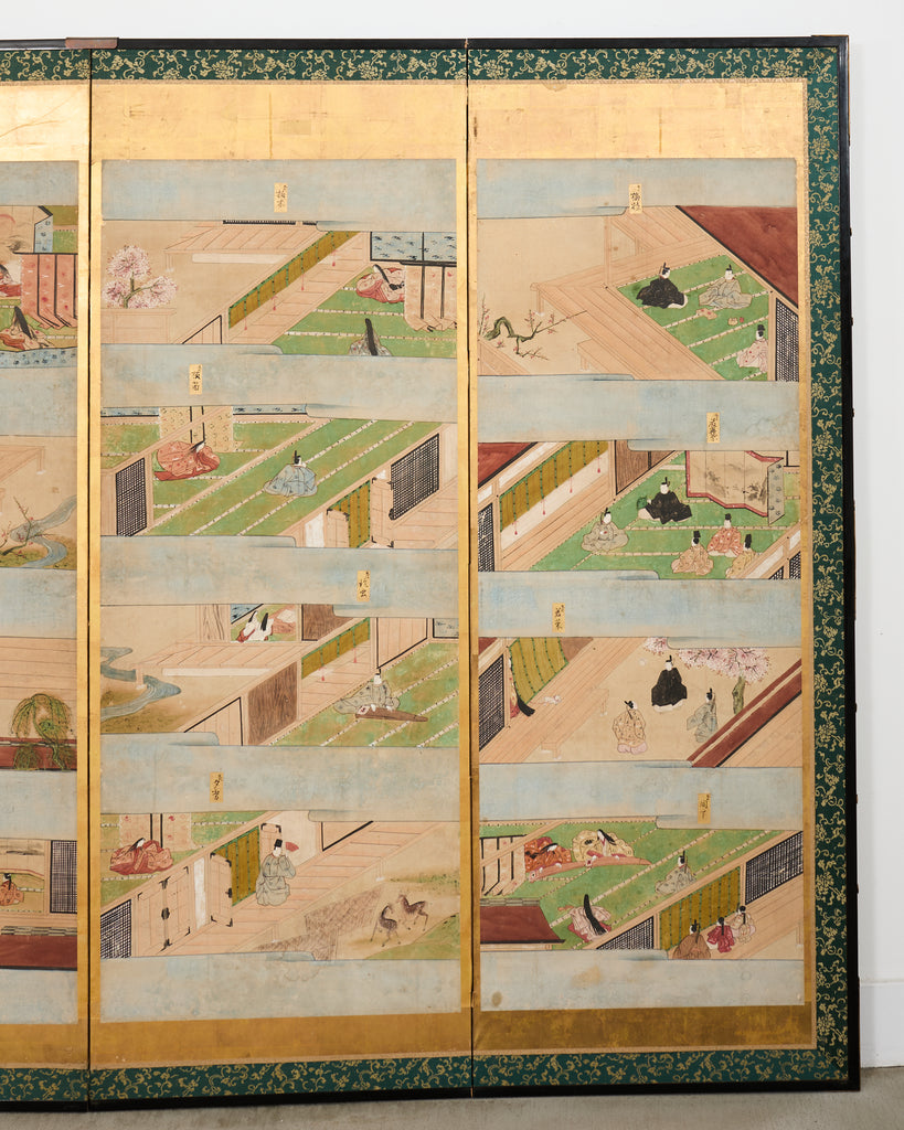 Pair Japanese Edo Six Panel Screens Tale of Genji