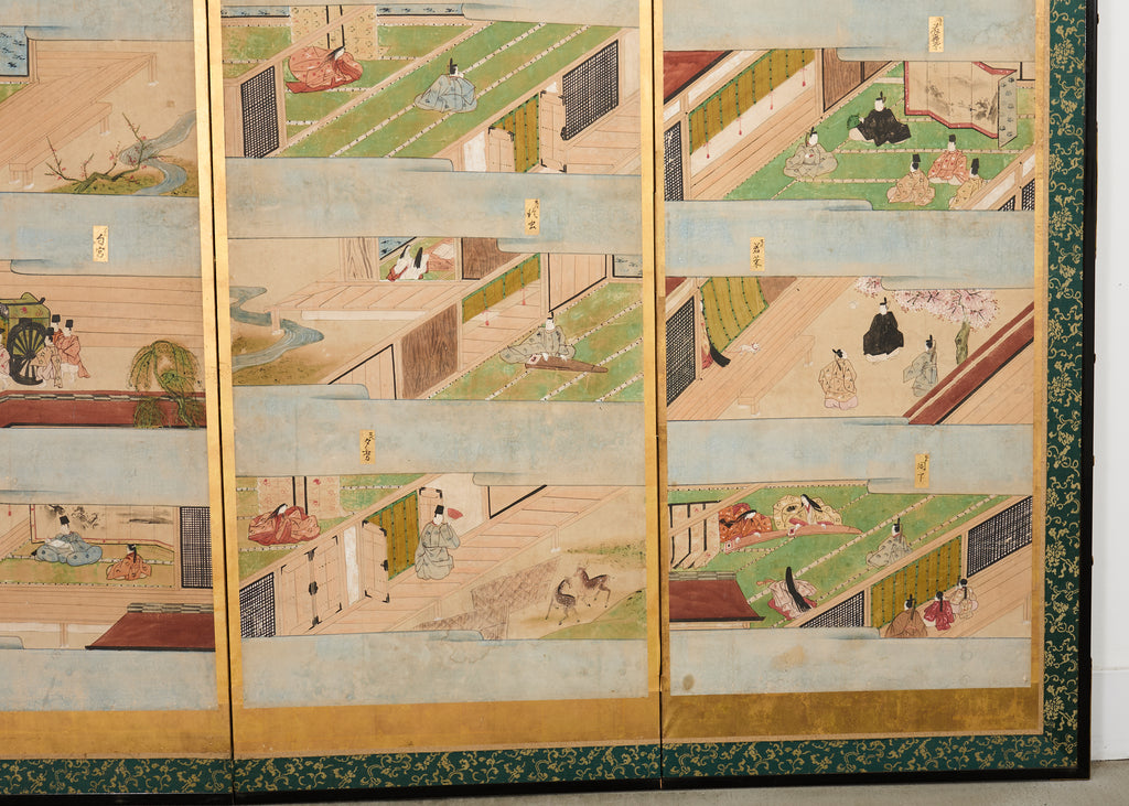 Pair Japanese Edo Six Panel Screens Tale of Genji
