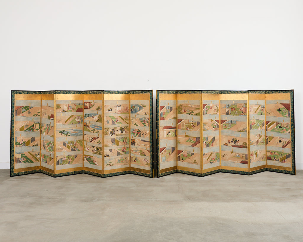 Pair Japanese Edo Six Panel Screens Tale of Genji