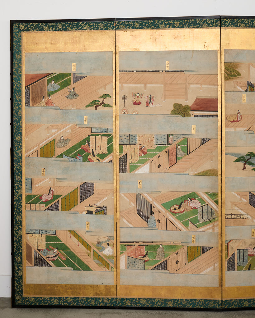 Pair Japanese Edo Six Panel Screens Tale of Genji