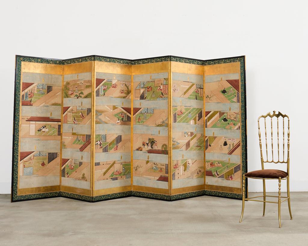 Pair Japanese Edo Six Panel Screens Tale of Genji
