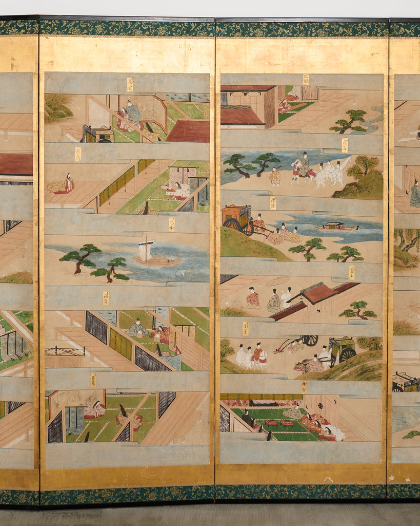Pair Japanese Edo Six Panel Screens Tale of Genji