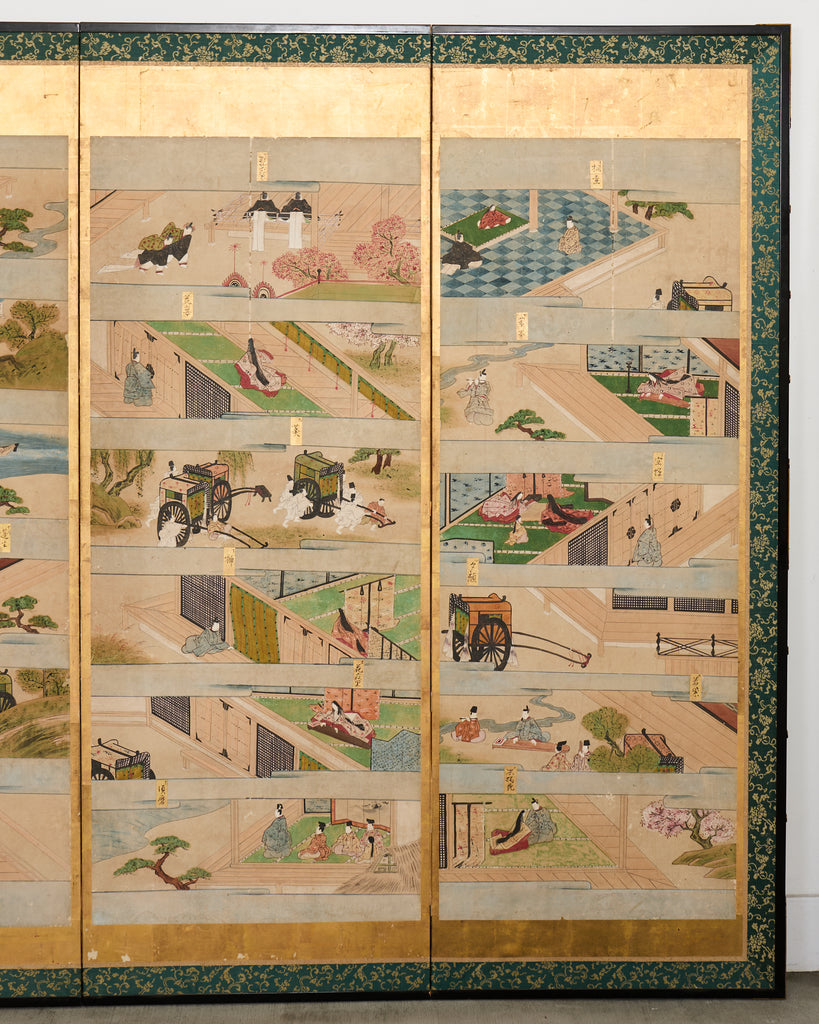 Pair Japanese Edo Six Panel Screens Tale of Genji