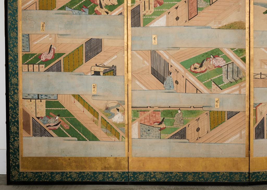 Pair Japanese Edo Six Panel Screens Tale of Genji