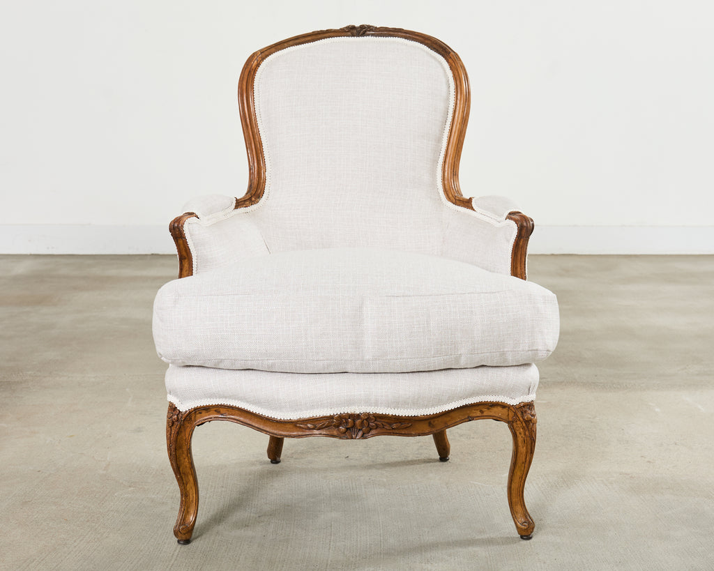 Pair of French Louis XV Style Walnut Bergeres with Linen