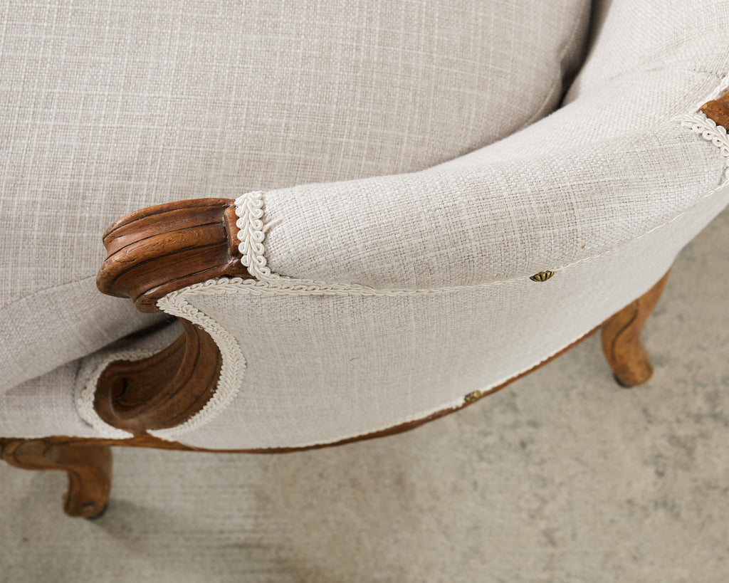 Pair of French Louis XV Style Walnut Bergeres with Linen