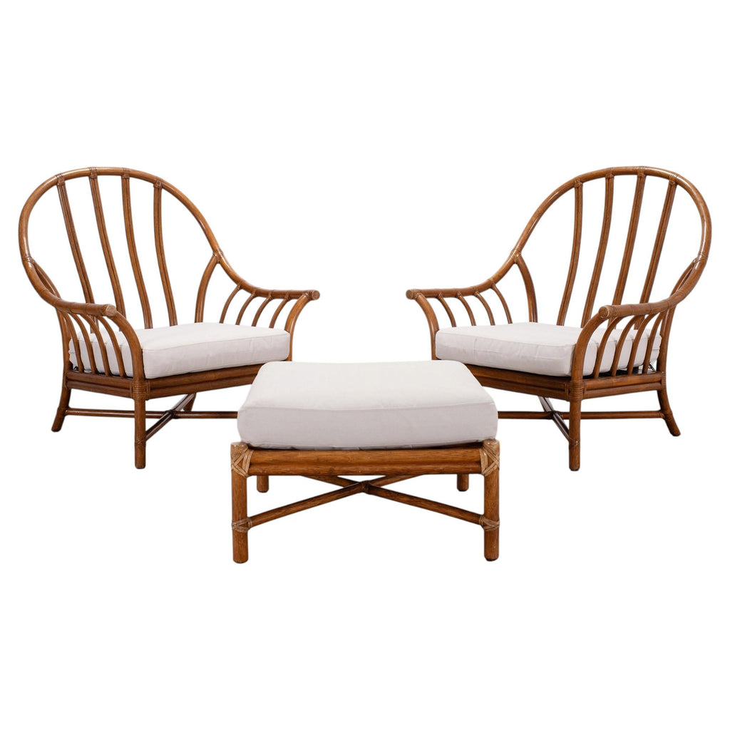 Pair of McGuire Organic Modern Rattan Lounge Chairs + Ottoman