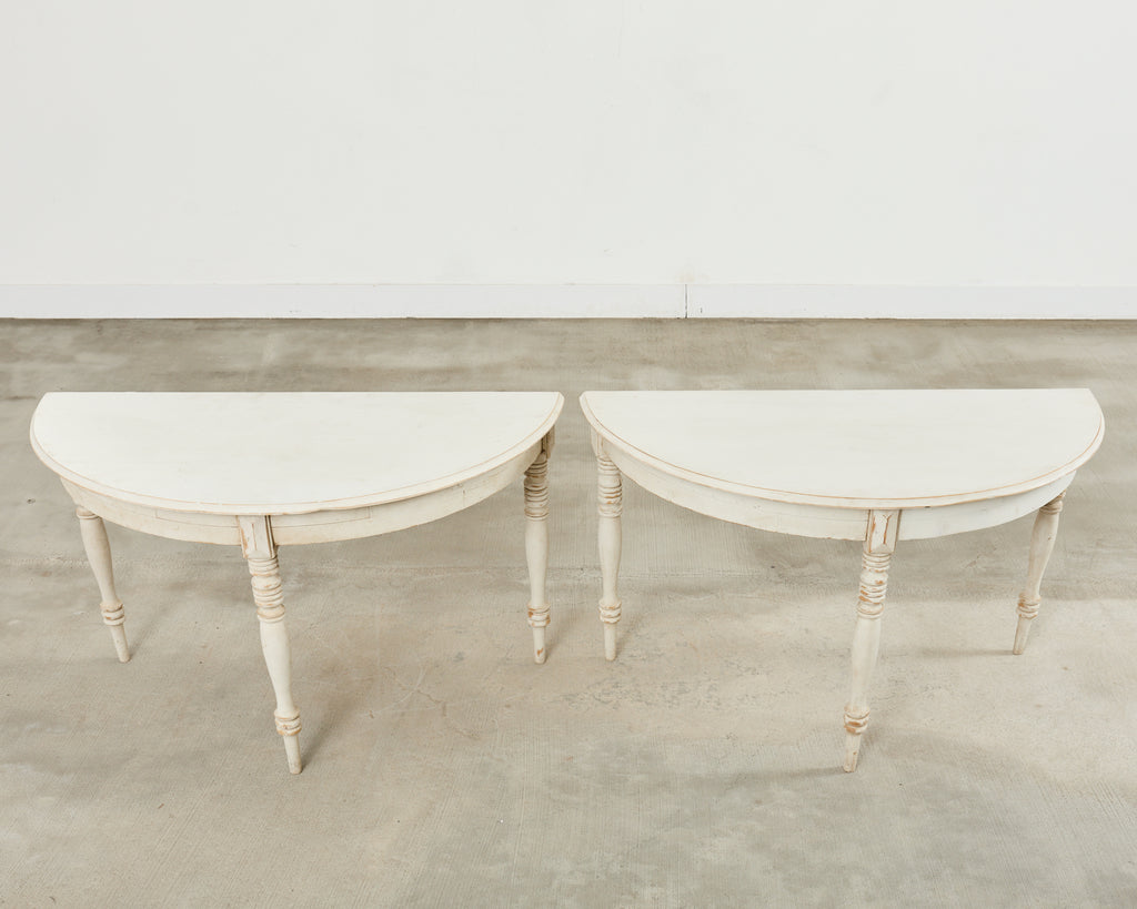 Pair of Swedish Gustavian Style Painted Pine Demilune Consoles