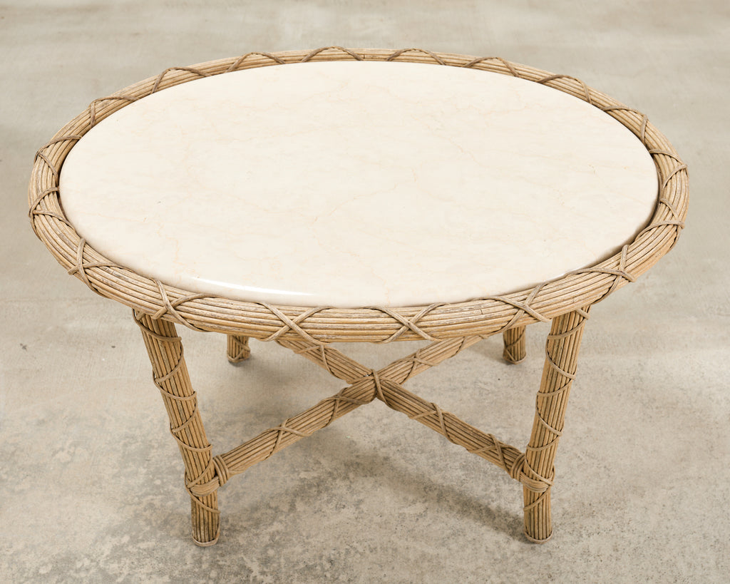 Pair of Danny Ho Fong Organic Modern Rattan Marble Tables