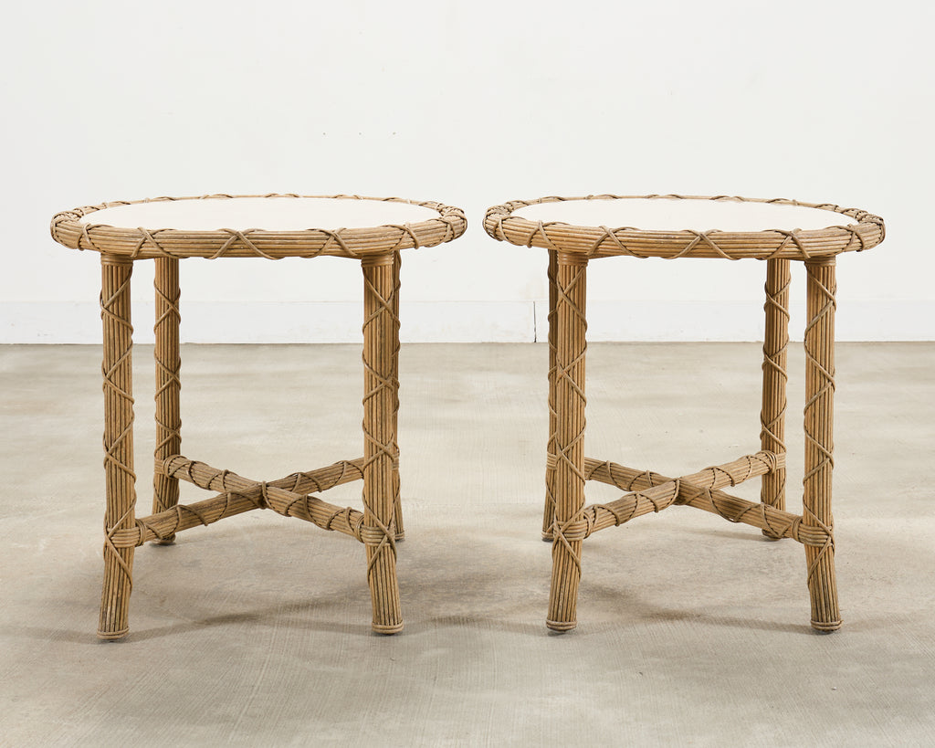 Pair of Danny Ho Fong Organic Modern Rattan Marble Tables