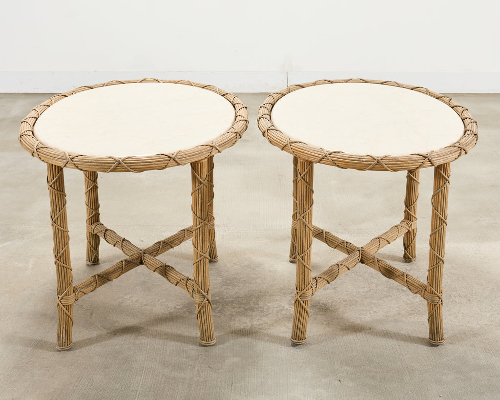 Pair of Danny Ho Fong Organic Modern Rattan Marble Tables