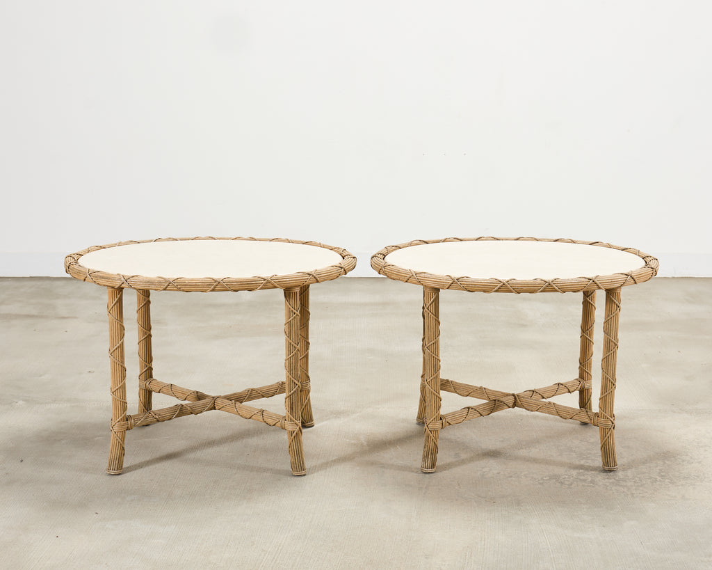 Pair of Danny Ho Fong Organic Modern Rattan Marble Tables