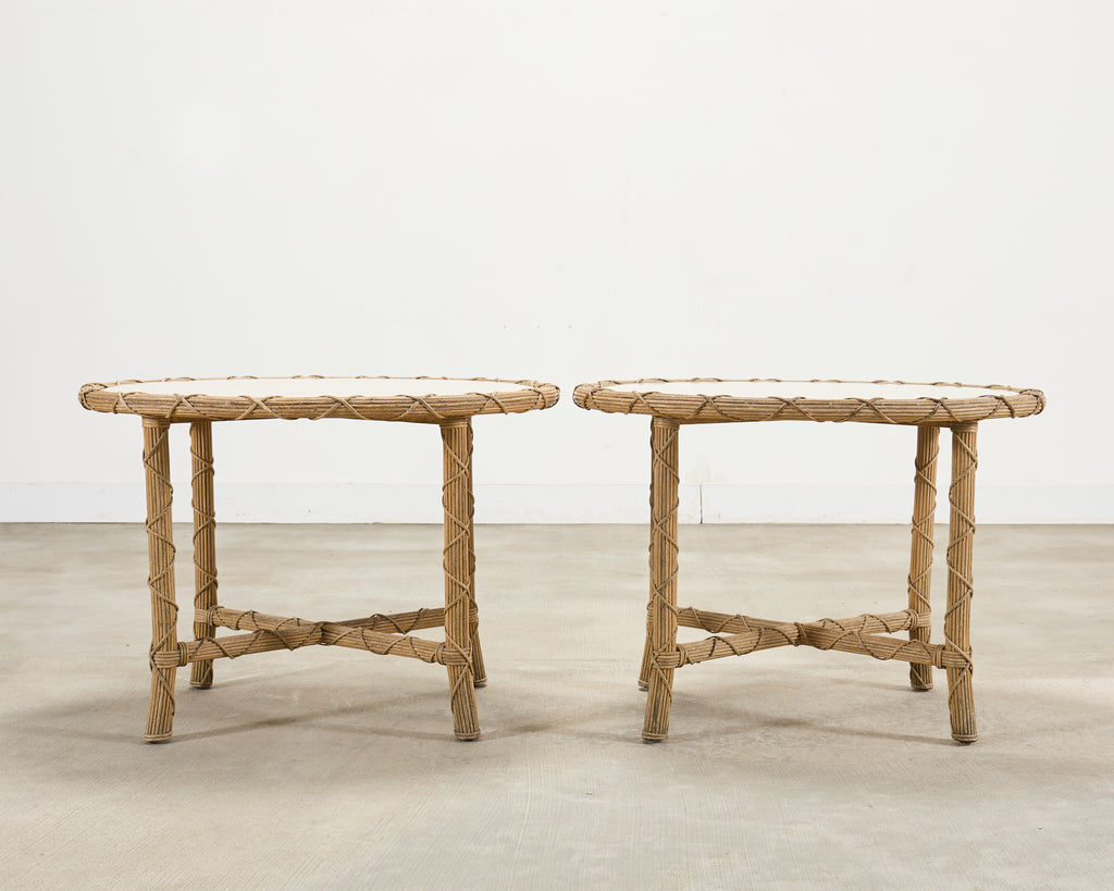 Pair of Danny Ho Fong Organic Modern Rattan Marble Tables