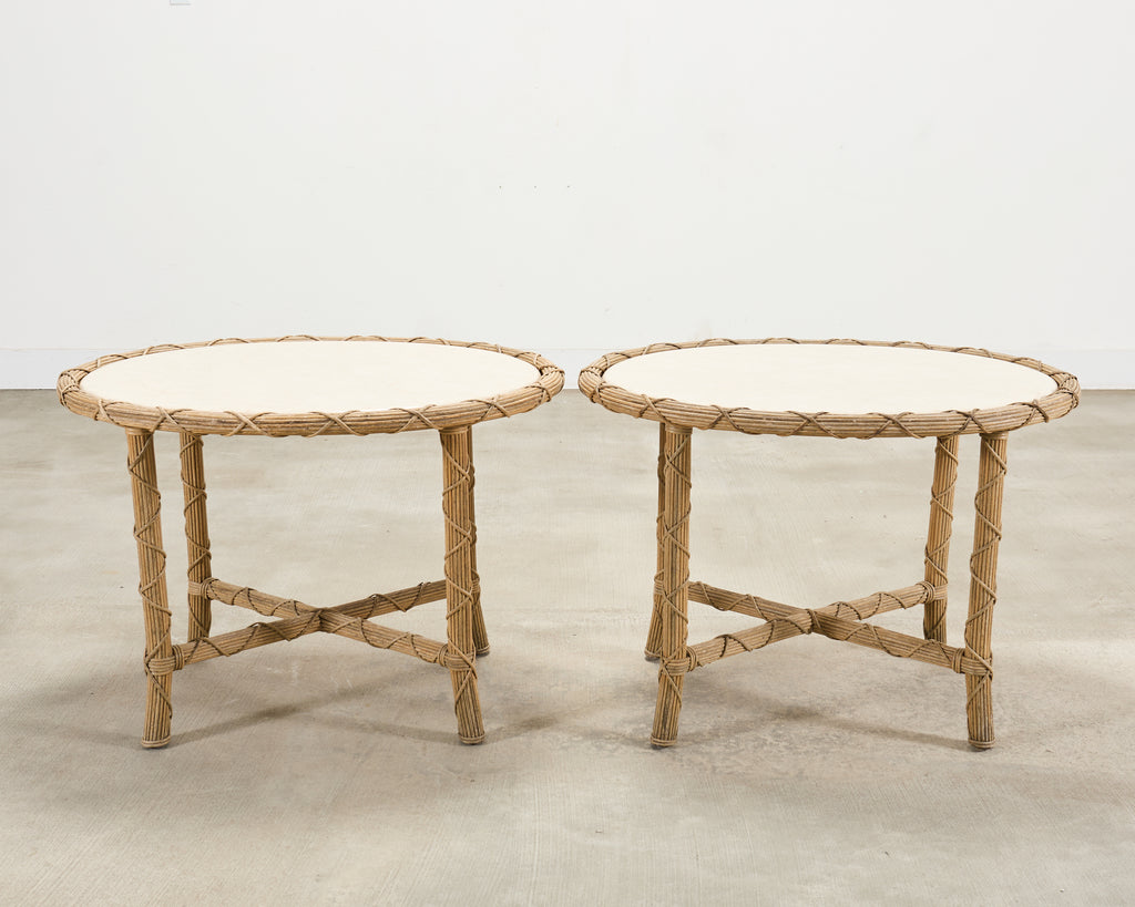 Pair of Danny Ho Fong Organic Modern Rattan Marble Tables