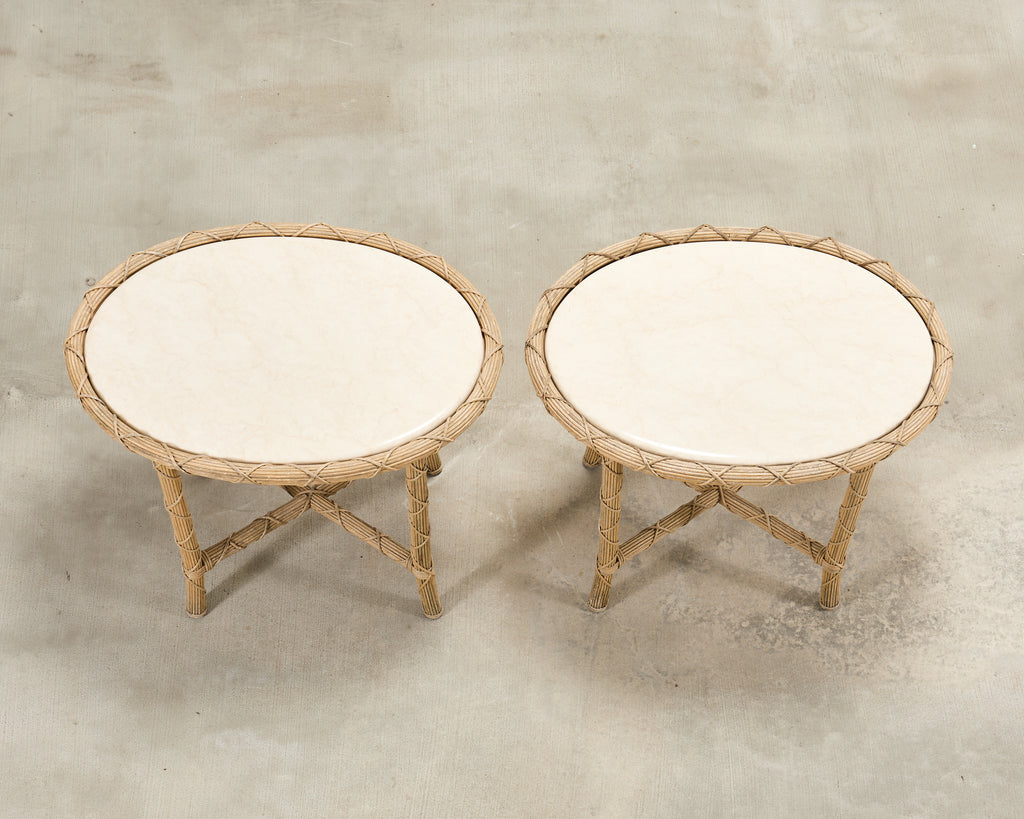 Pair of Danny Ho Fong Organic Modern Rattan Marble Tables