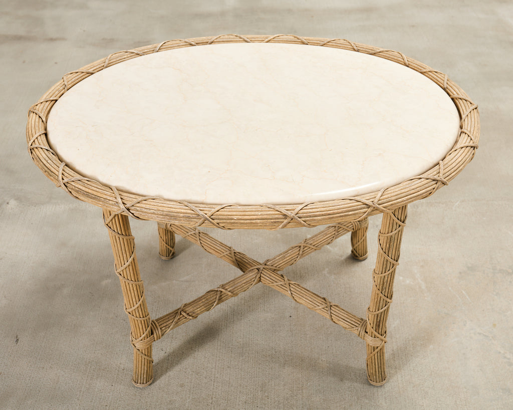 Pair of Danny Ho Fong Organic Modern Rattan Marble Tables