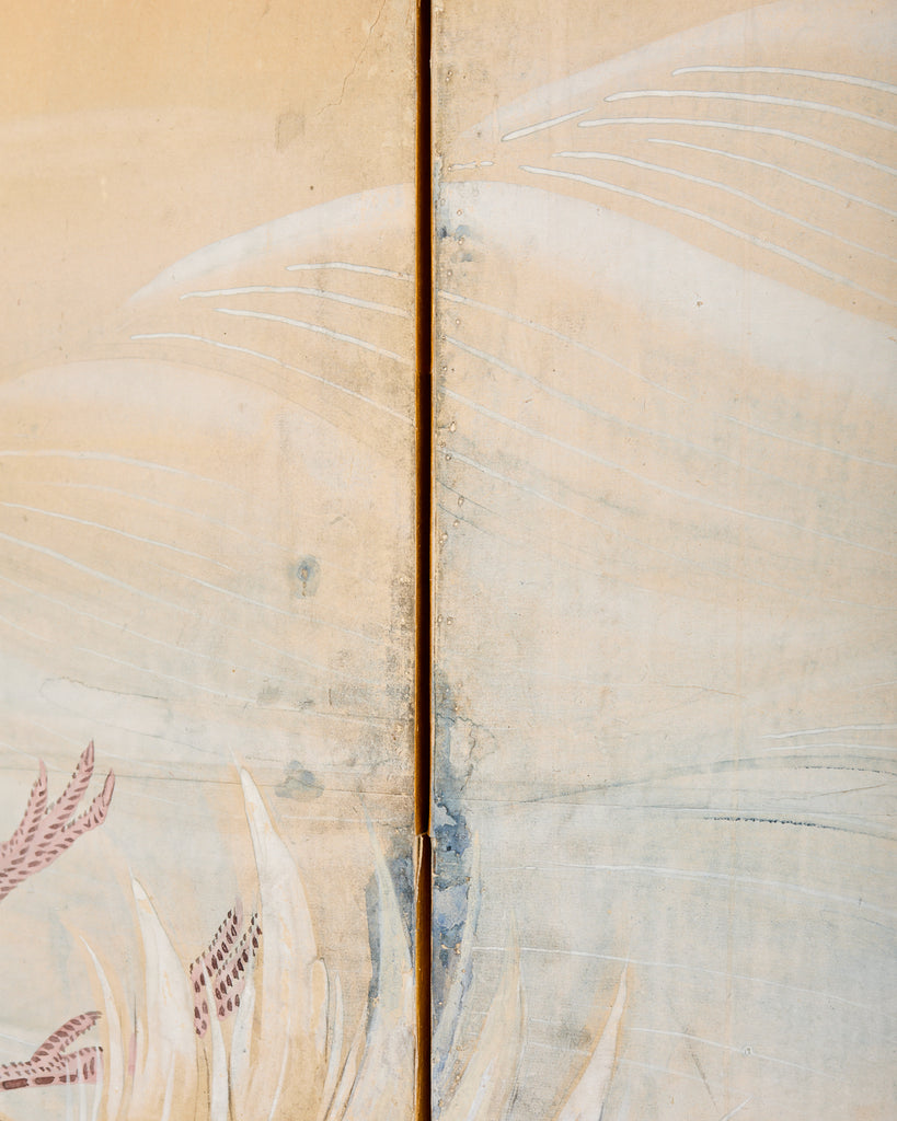 Pair of Japanese Meiji Six Panel Screen Cranes Above Cresting Waves