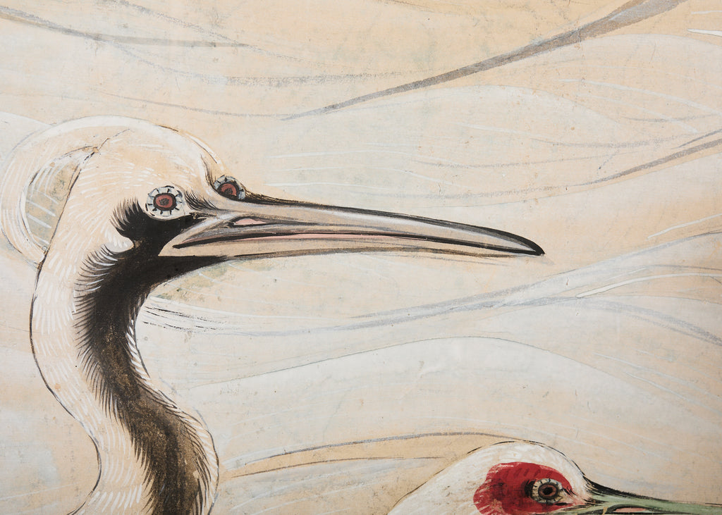 Pair of Japanese Meiji Six Panel Screen Cranes Above Cresting Waves