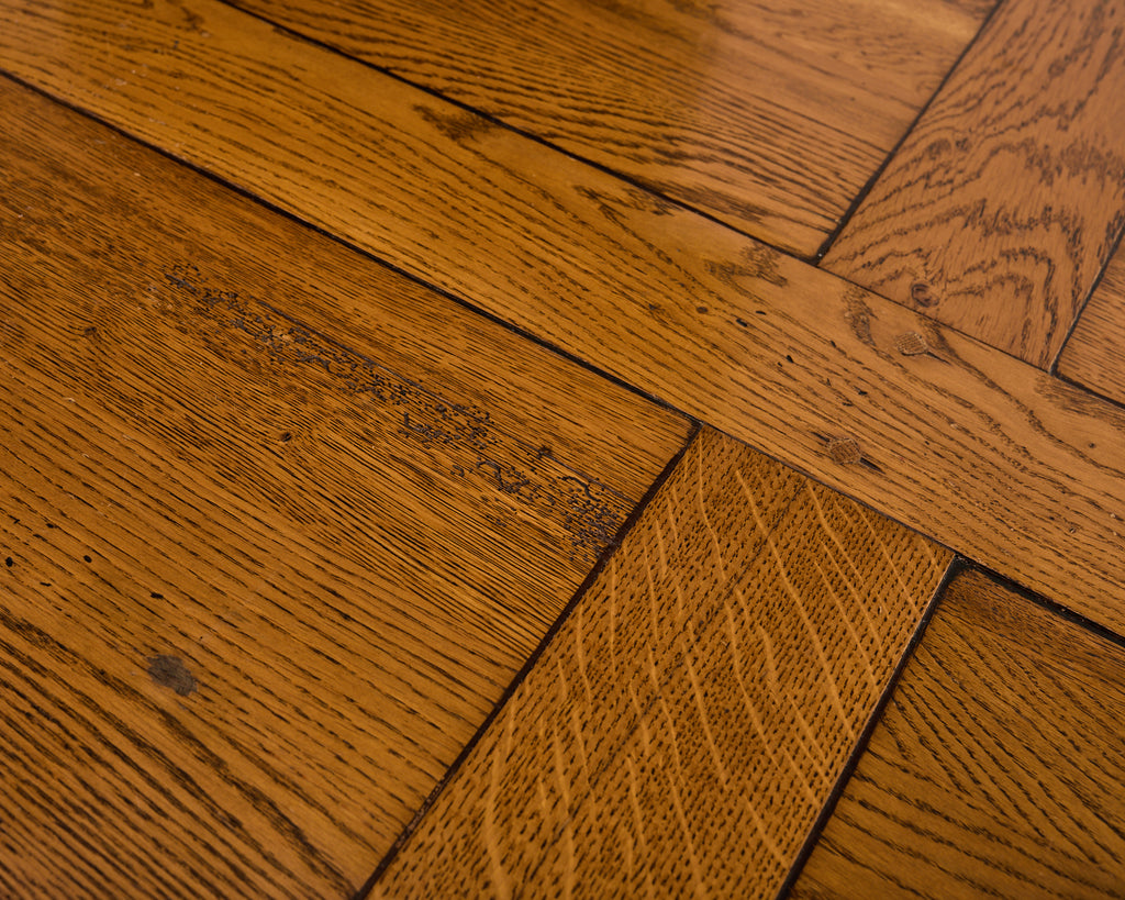 Country French Oak Parquet Top Farmhouse Trestle Dining Table