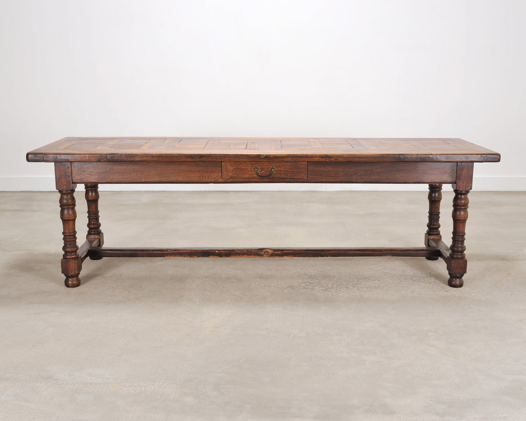 Country French Oak Parquetry-Top Farmhouse Dining Table 8 Ft
