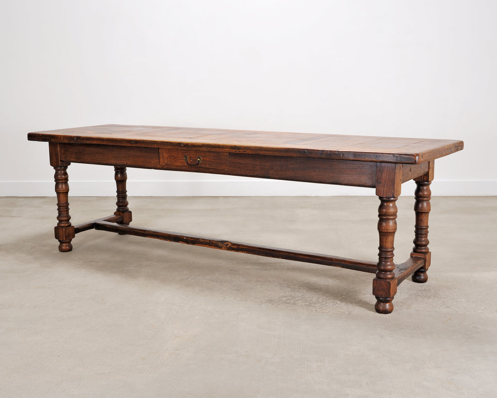 Country French Oak Parquetry-Top Farmhouse Dining Table 8 Ft