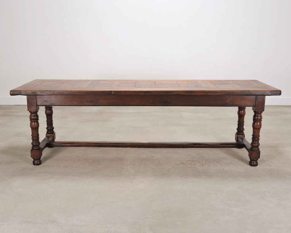 Country French Oak Parquetry-Top Farmhouse Dining Table 8 Ft