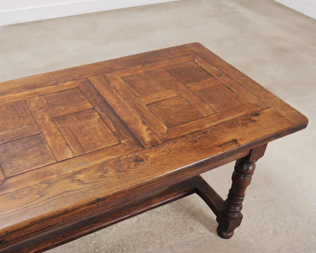 Country French Oak Parquetry-Top Farmhouse Dining Table 8 Ft