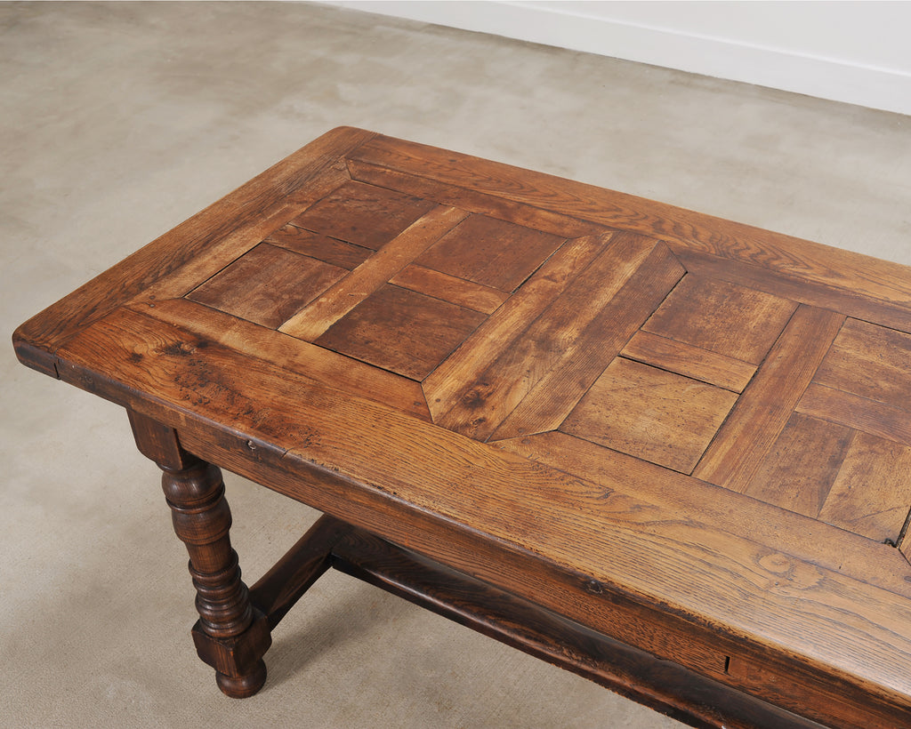 Country French Oak Parquetry-Top Farmhouse Dining Table 8 Ft