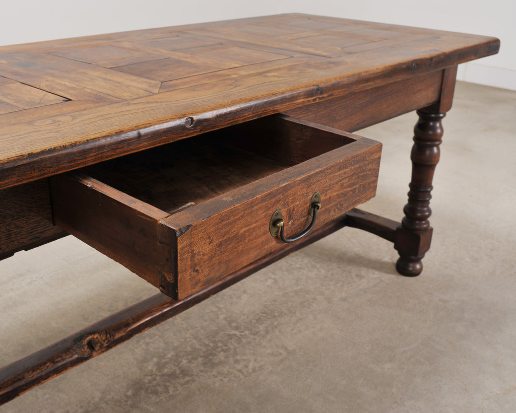 Country French Oak Parquetry-Top Farmhouse Dining Table 8 Ft