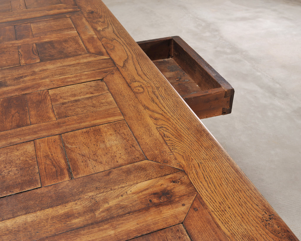 Country French Oak Parquetry-Top Farmhouse Dining Table 8 Ft