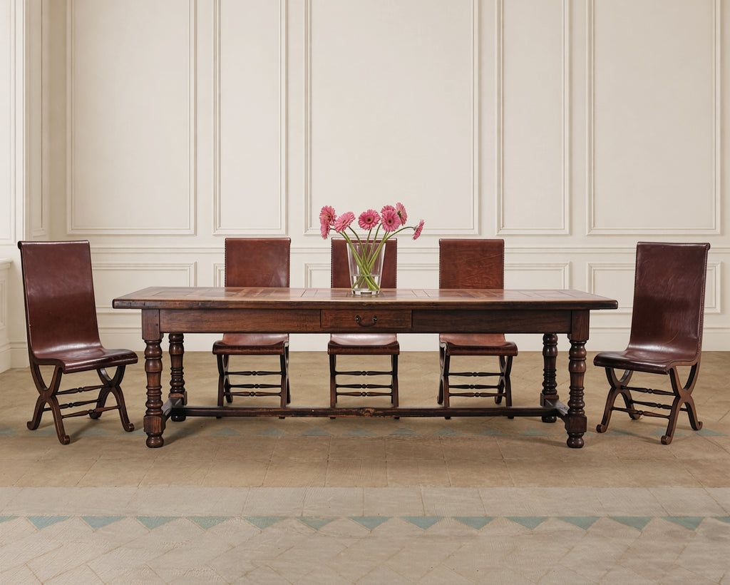 Country French Oak Parquetry-Top Farmhouse Dining Table 8 Ft