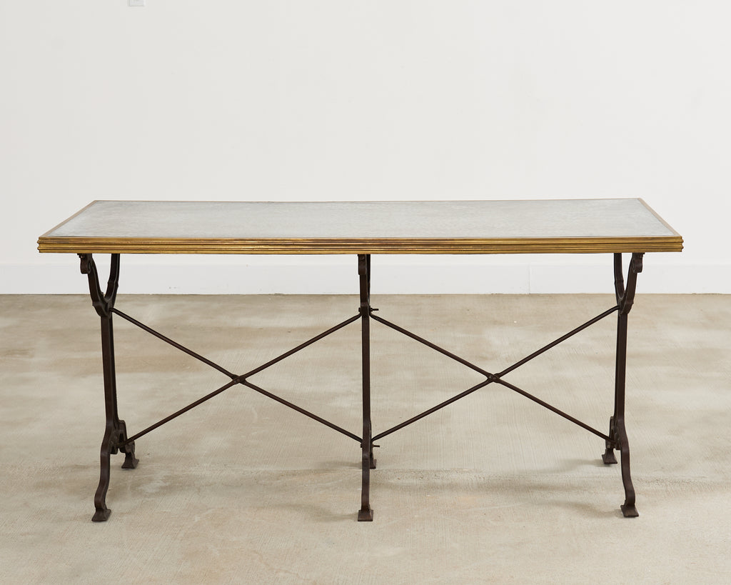 French Art Nouveau Triple Pedestal Iron Bronze Table