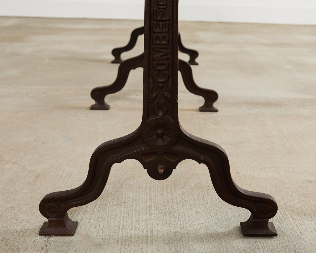 French Art Nouveau Triple Pedestal Iron Bronze Table