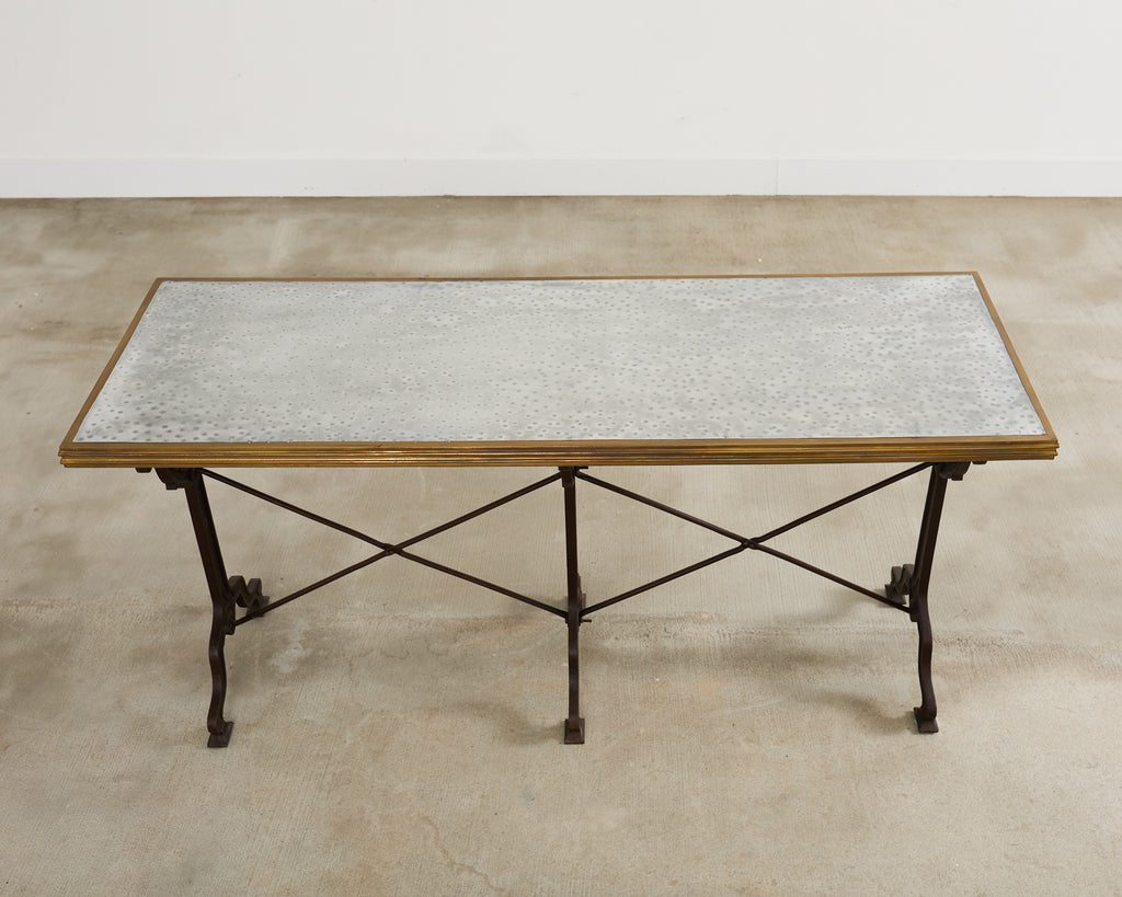 French Art Nouveau Triple Pedestal Iron Bronze Table