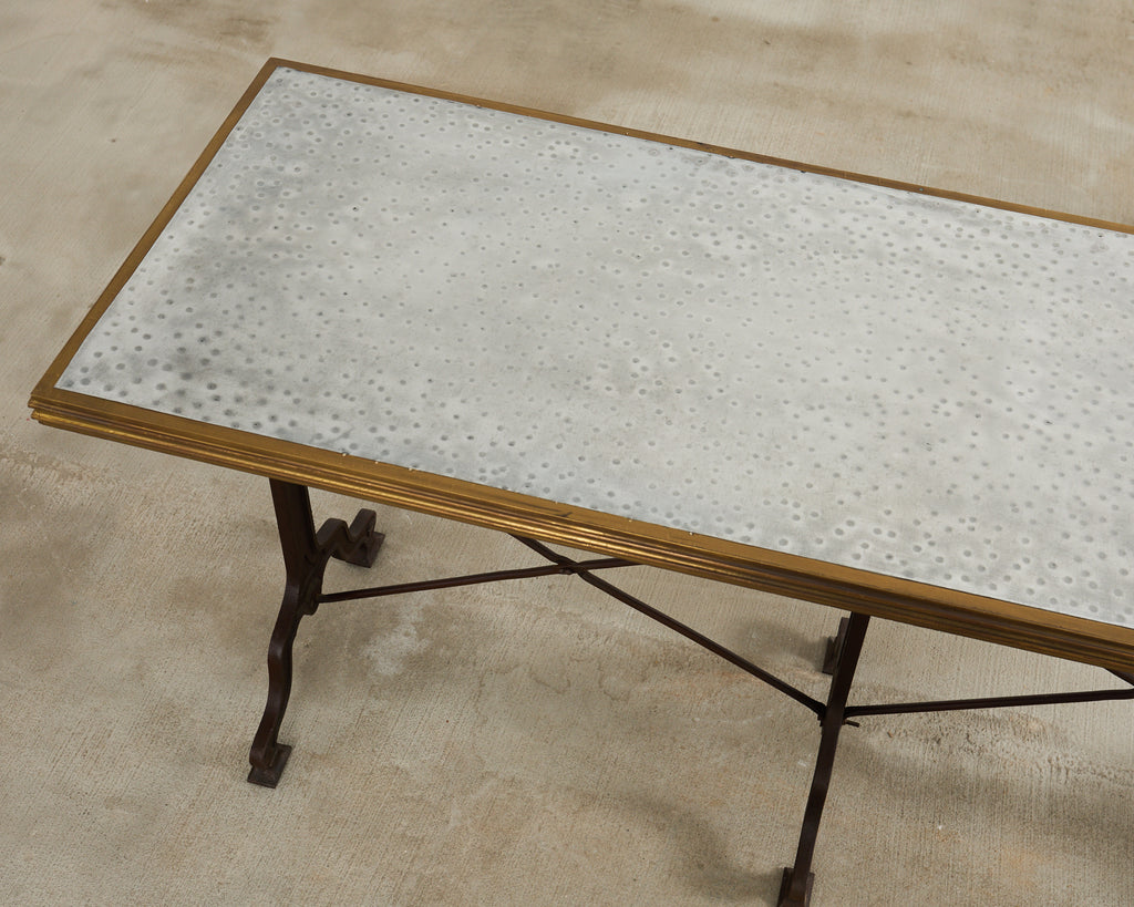 French Art Nouveau Triple Pedestal Iron Bronze Table