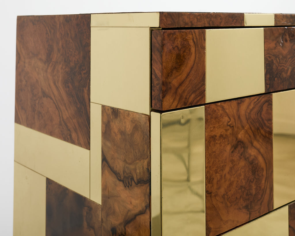 Pair of Paul Evans Signed Cityscape Burl Walnut Brass Cabinets