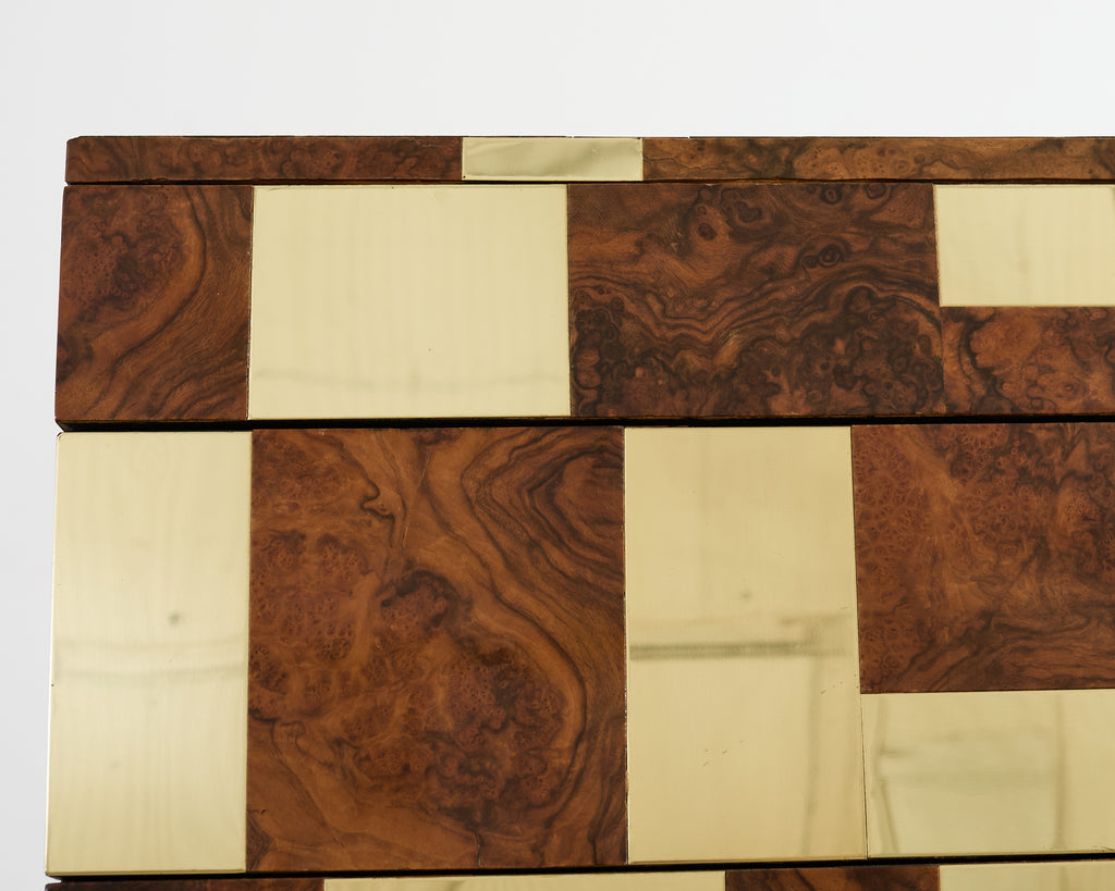 Pair of Paul Evans Signed Cityscape Burl Walnut Brass Cabinets