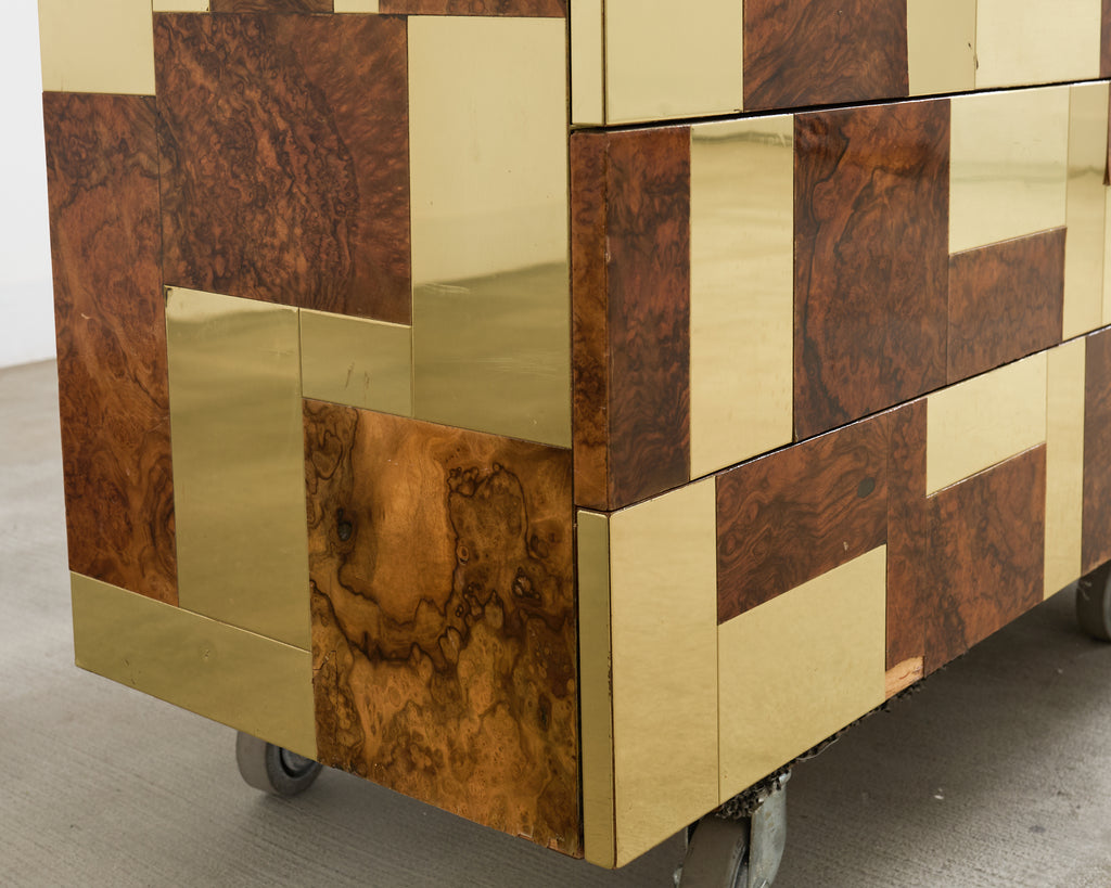 Pair of Paul Evans Signed Cityscape Burl Walnut Brass Cabinets