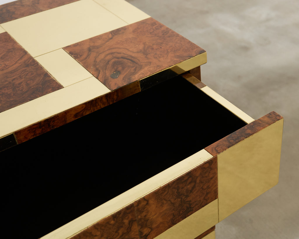 Pair of Paul Evans Signed Cityscape Burl Walnut Brass Cabinets